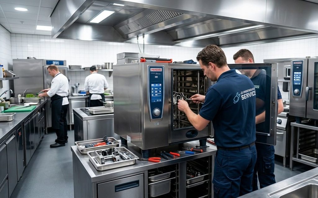 Monteurs van JD Grootkeuken Service repareren een combisteamer in een professionele grootkeuken